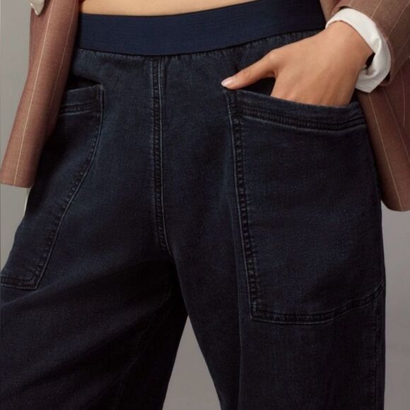 Pilcro Mid-Rise Pull-On Tapered Denim Knit Jeans Dark Wash Wide SZ S Petite - Picture 2 of 6